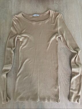 Michael Stars Beige/Golden tone Shine Long-Sleeve Slim Crewneck Top